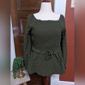 Smocked Square-Neck Peplum Blouse - Olive Green